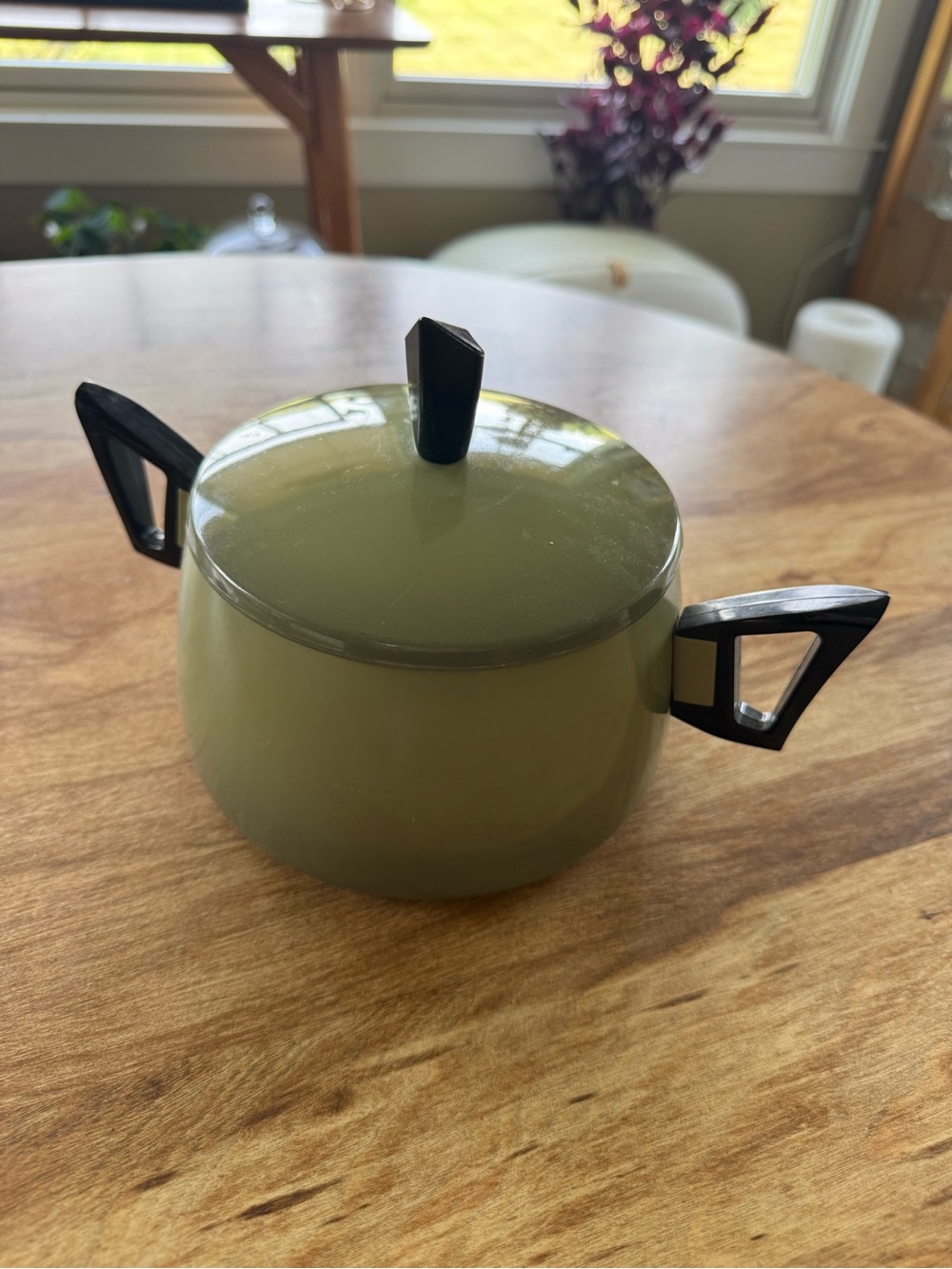 Vintage Avocado Green Metal Pot with Black Bakelite Handles & Lid